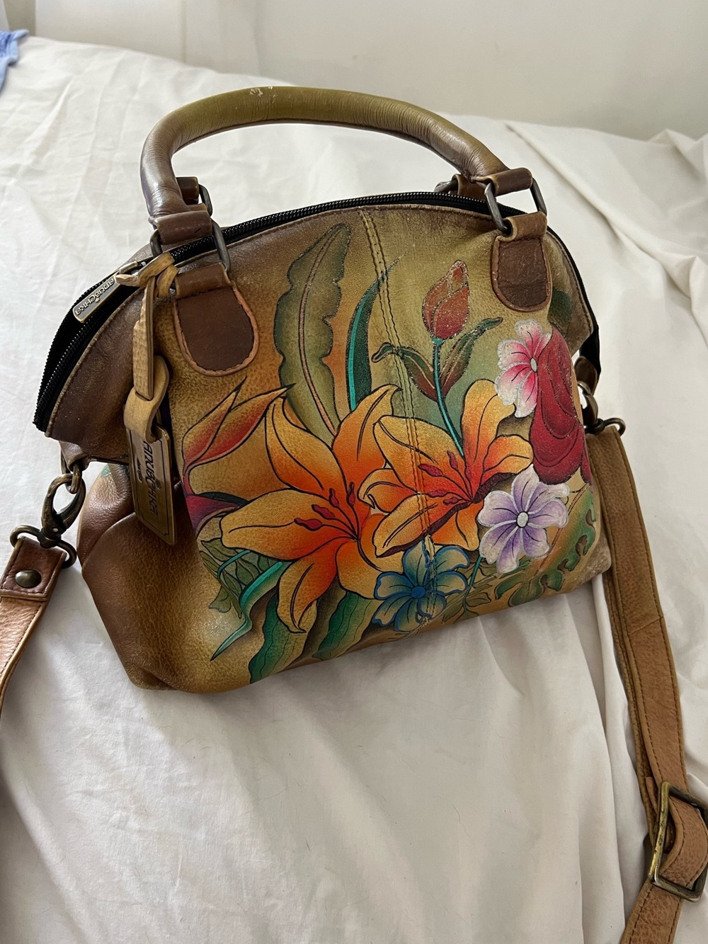 Anuschka Hand-Painted Floral Leather Satchel in Brown with Orange & Pink Accents